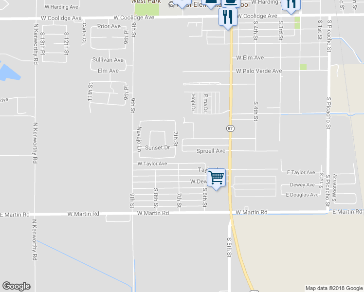 map of restaurants, bars, coffee shops, grocery stores, and more near 817 Spruell Avenue in Coolidge