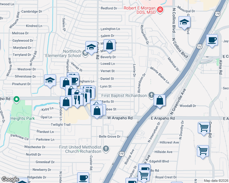 map of restaurants, bars, coffee shops, grocery stores, and more near 424 Jolee Street in Richardson