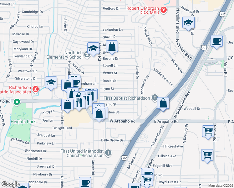 map of restaurants, bars, coffee shops, grocery stores, and more near 424 Jolee St in Richardson
