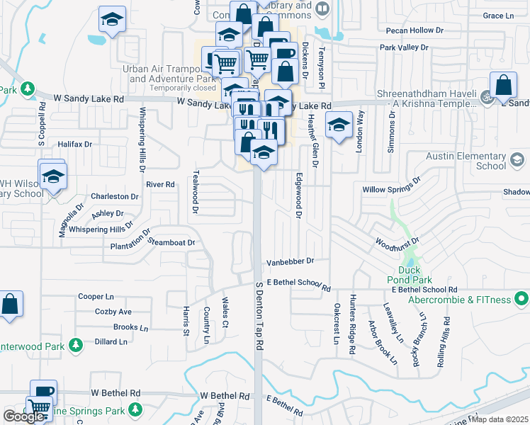 map of restaurants, bars, coffee shops, grocery stores, and more near 254 South Denton Tap Road in Coppell