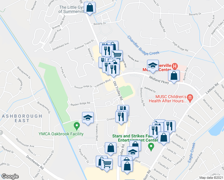 map of restaurants, bars, coffee shops, grocery stores, and more near 104 Timber Lane in Summerville