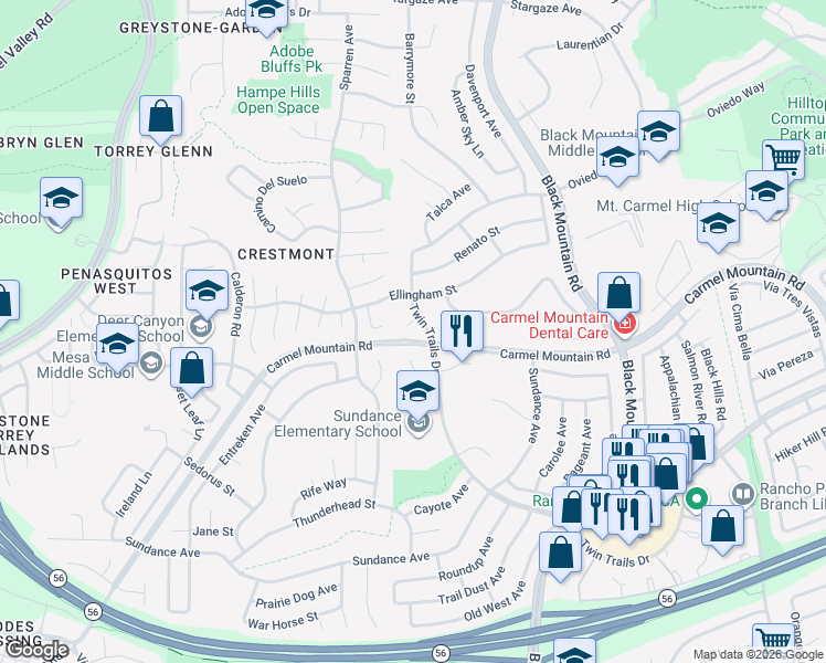map of restaurants, bars, coffee shops, grocery stores, and more near 8979 Knaul Court in San Diego