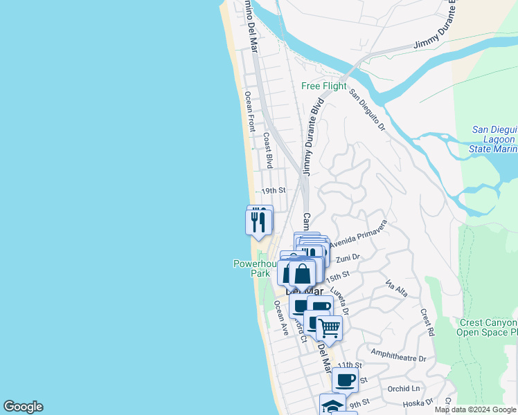 map of restaurants, bars, coffee shops, grocery stores, and more near 1812 Ocean Front in Del Mar