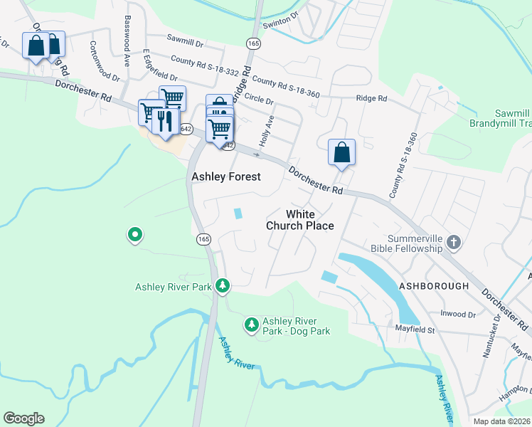 map of restaurants, bars, coffee shops, grocery stores, and more near 129 Steeple Point Court in Summerville