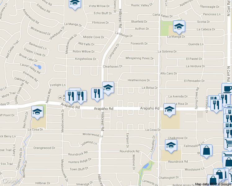 map of restaurants, bars, coffee shops, grocery stores, and more near 15715 Daleport Circle in Dallas