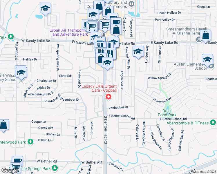 map of restaurants, bars, coffee shops, grocery stores, and more near 254 South Denton Tap Road in Coppell