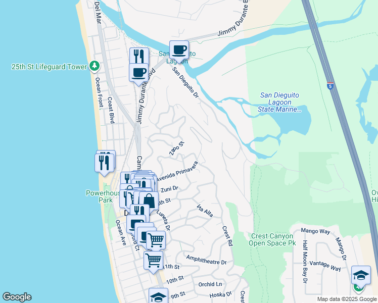 map of restaurants, bars, coffee shops, grocery stores, and more near 532 Serpentine Dr in Del Mar