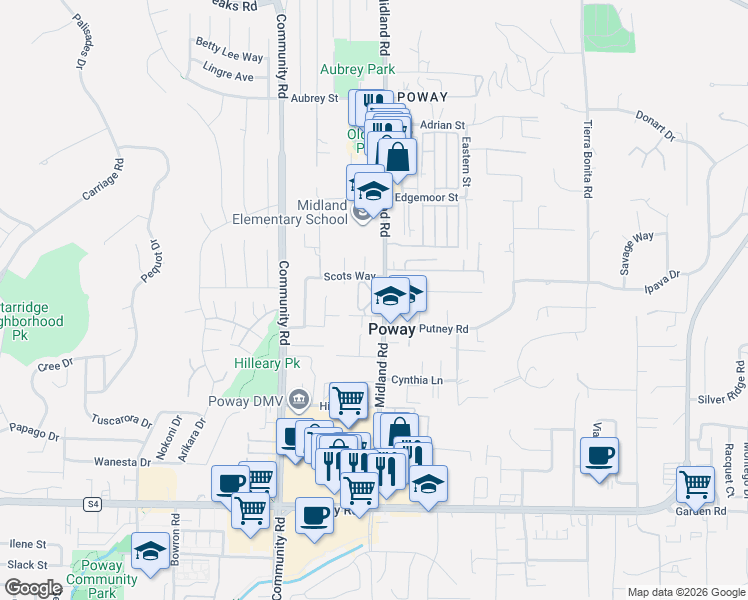 map of restaurants, bars, coffee shops, grocery stores, and more near 13716 Midland Road in Poway