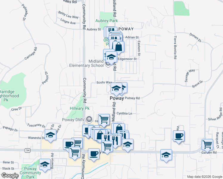 map of restaurants, bars, coffee shops, grocery stores, and more near in Poway