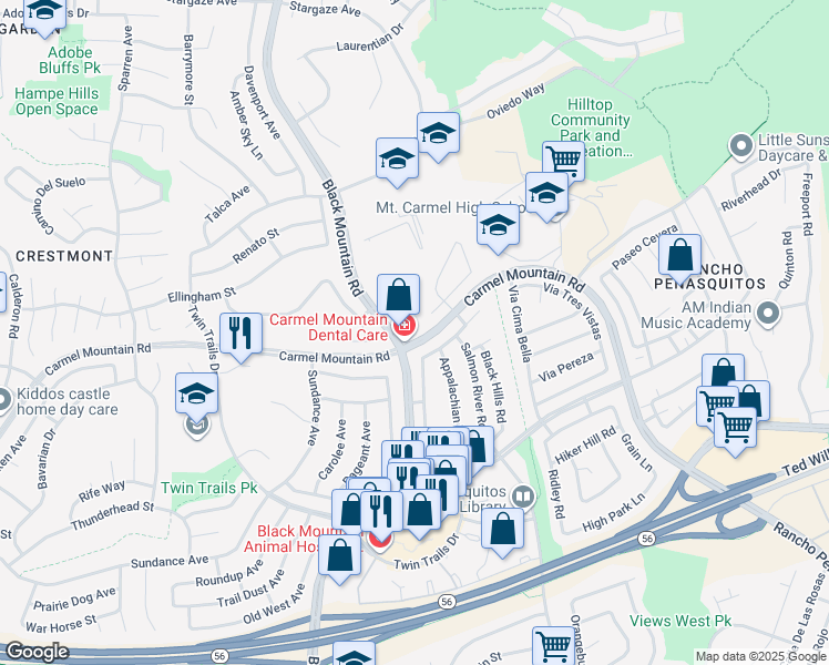 map of restaurants, bars, coffee shops, grocery stores, and more near 9330 Carmel Mountain Road in San Diego