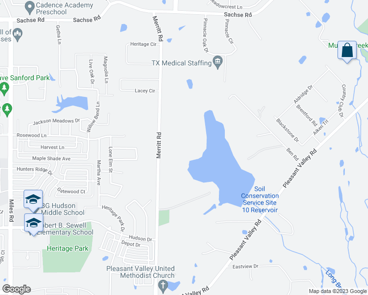 map of restaurants, bars, coffee shops, grocery stores, and more near 4404 Merritt Road in Sachse