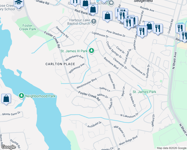 map of restaurants, bars, coffee shops, grocery stores, and more near 1412 Cimmaron Lane in Goose Creek