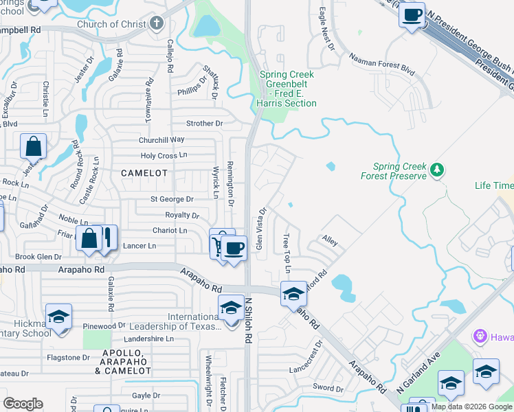 map of restaurants, bars, coffee shops, grocery stores, and more near 5217 Glen Vista Drive in Garland