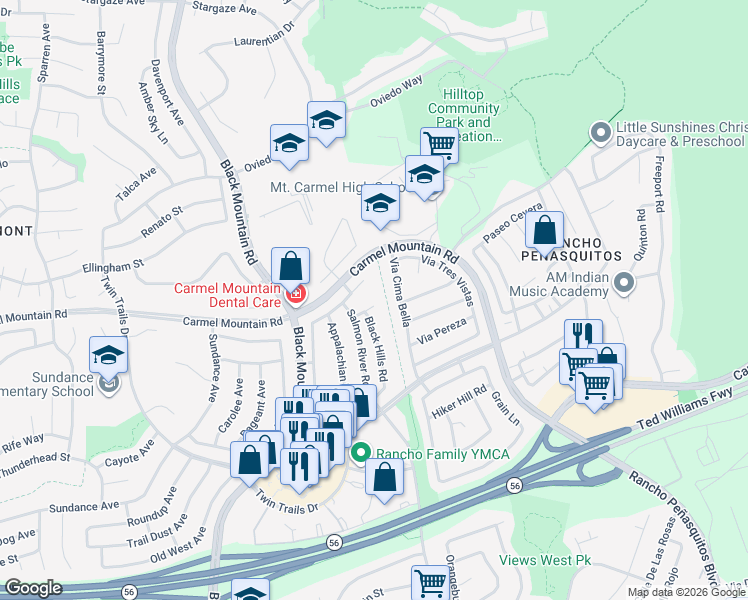 map of restaurants, bars, coffee shops, grocery stores, and more near 9446 Black Hills Court in San Diego
