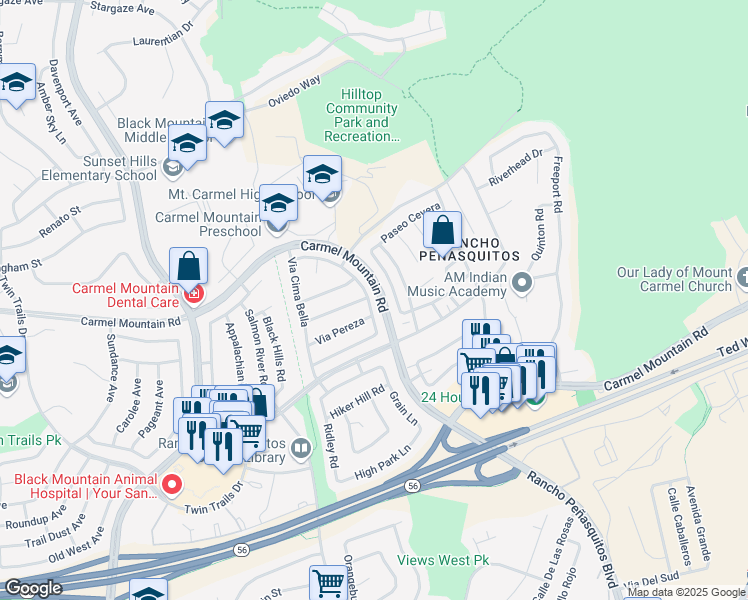map of restaurants, bars, coffee shops, grocery stores, and more near 13687 Via Tres Vistas in San Diego