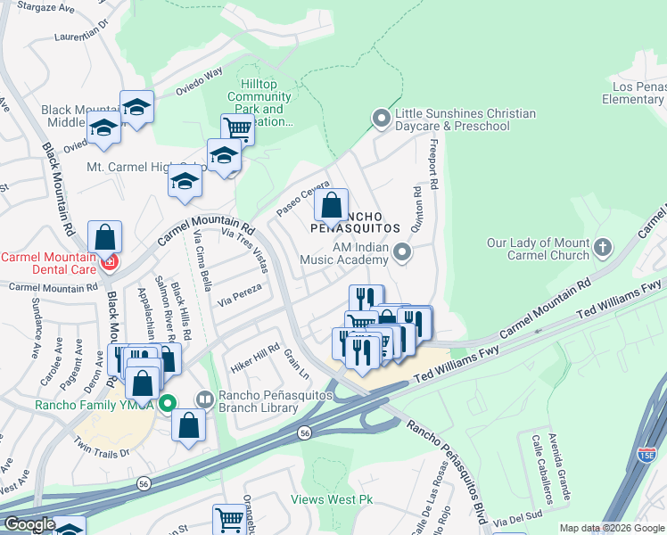 map of restaurants, bars, coffee shops, grocery stores, and more near 9937 Via Monzon in San Diego