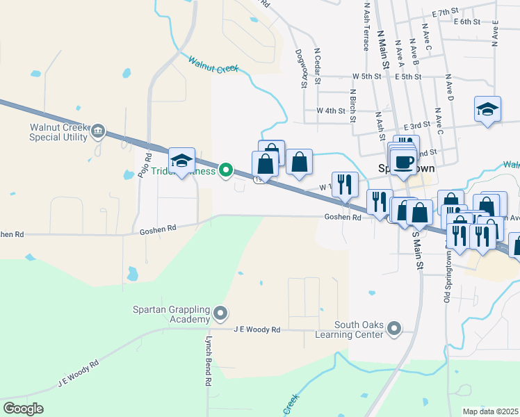 map of restaurants, bars, coffee shops, grocery stores, and more near 508 Goshen Road in Springtown