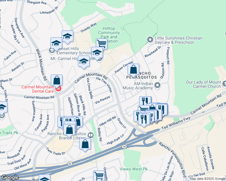 map of restaurants, bars, coffee shops, grocery stores, and more near 13687 Via Tres Vistas in San Diego
