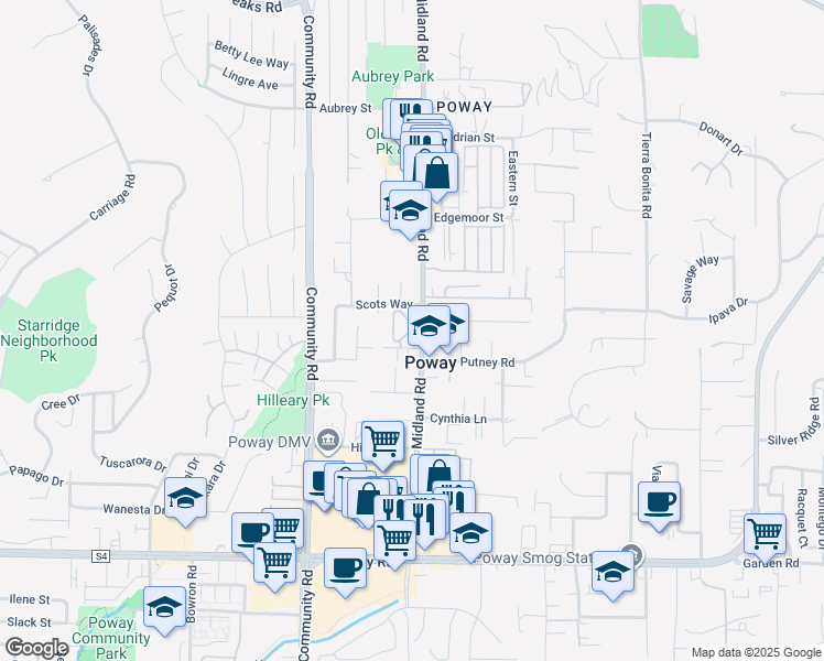 map of restaurants, bars, coffee shops, grocery stores, and more near in Poway
