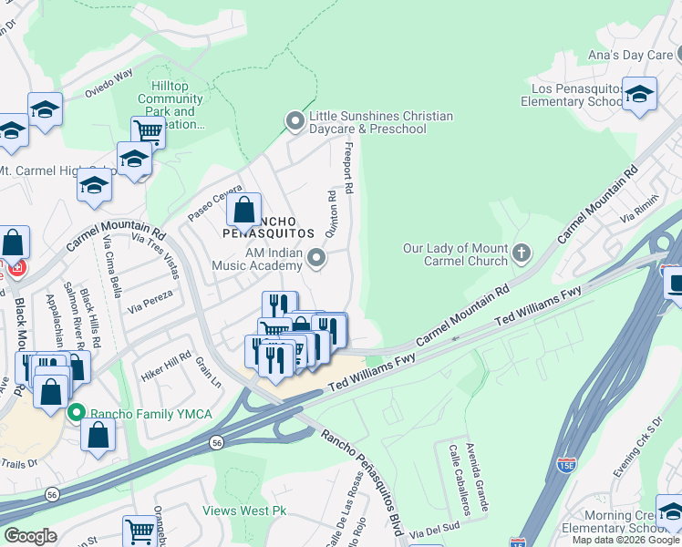 map of restaurants, bars, coffee shops, grocery stores, and more near 13676 Freeport Road in San Diego