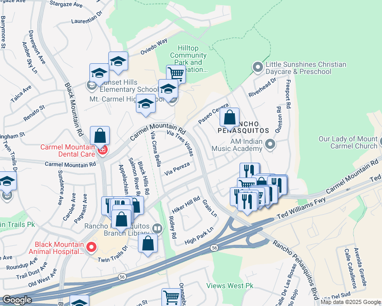 map of restaurants, bars, coffee shops, grocery stores, and more near 13687 Via Tres Vistas in San Diego