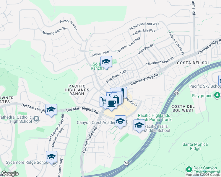 map of restaurants, bars, coffee shops, grocery stores, and more near 13504 Scarlet Sage Trail in San Diego