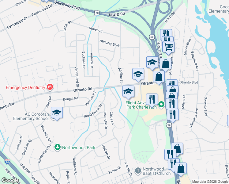 map of restaurants, bars, coffee shops, grocery stores, and more near 8617 Madelyn Street in North Charleston