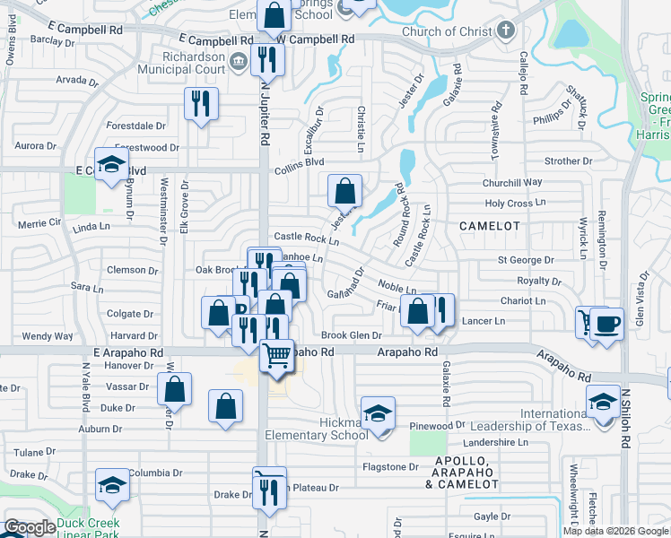 map of restaurants, bars, coffee shops, grocery stores, and more near 3326 Ivanhoe Lane in Garland