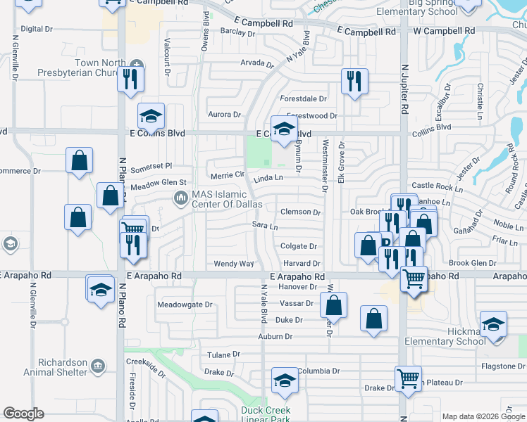 map of restaurants, bars, coffee shops, grocery stores, and more near 1304 North Yale Boulevard in Richardson
