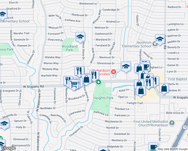 map of restaurants, bars, coffee shops, grocery stores, and more near 730 West Arapaho Road in Richardson