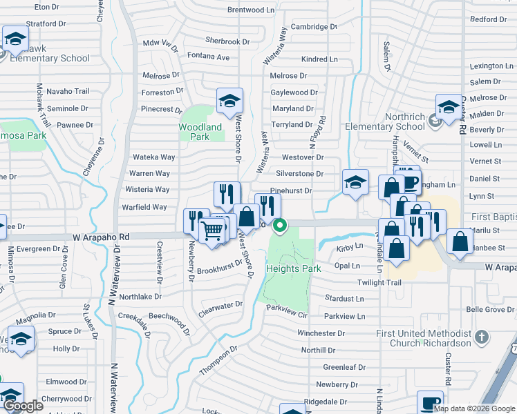 map of restaurants, bars, coffee shops, grocery stores, and more near 730 West Arapaho Road in Richardson