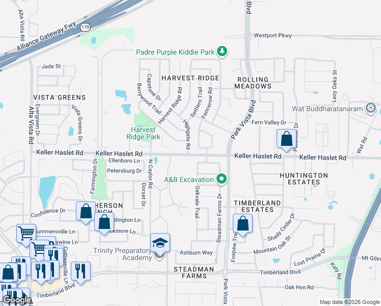 map of restaurants, bars, coffee shops, grocery stores, and more near 4341 Highgate Road in Fort Worth