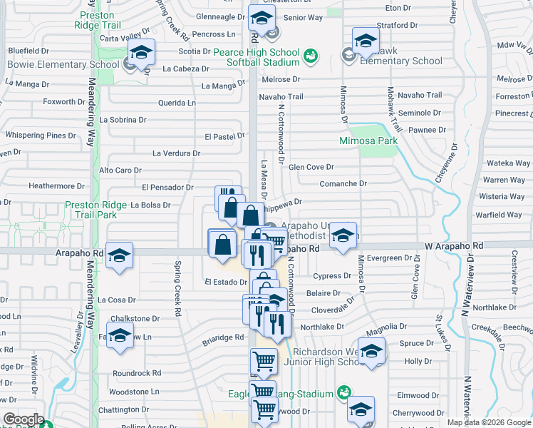 map of restaurants, bars, coffee shops, grocery stores, and more near 1429 Chippewa Drive in Richardson