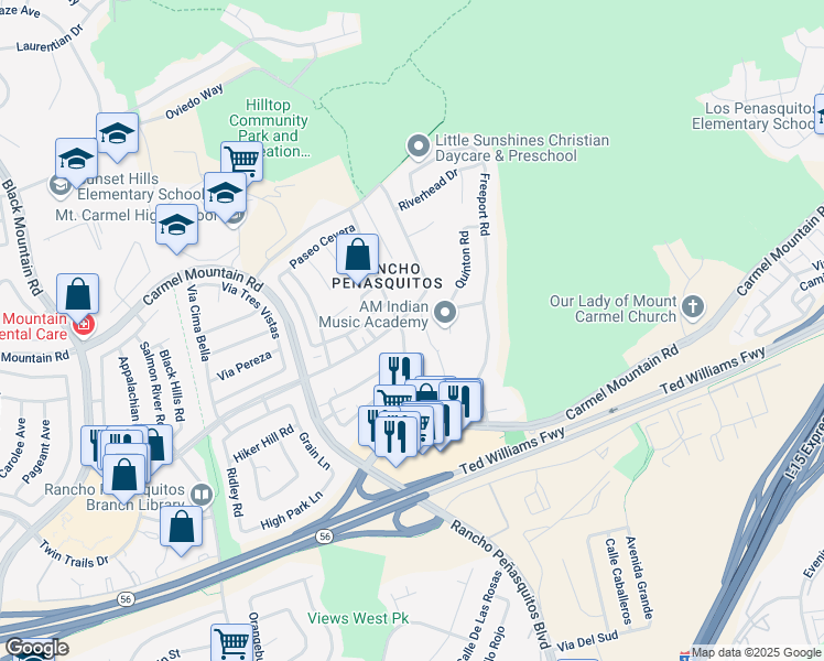 map of restaurants, bars, coffee shops, grocery stores, and more near 13691 Paseo Cardiel in San Diego