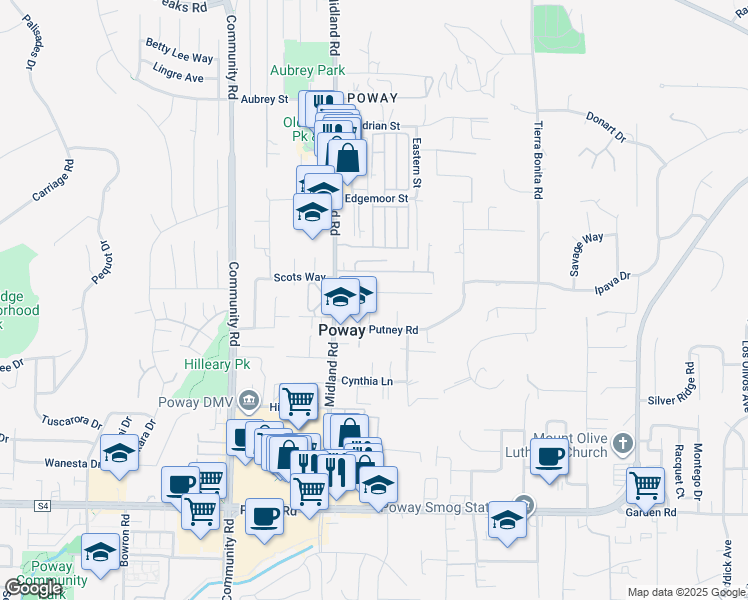 map of restaurants, bars, coffee shops, grocery stores, and more near 13647 Janette Lane in Poway