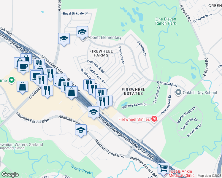 map of restaurants, bars, coffee shops, grocery stores, and more near 618 Rivercove Drive in Garland