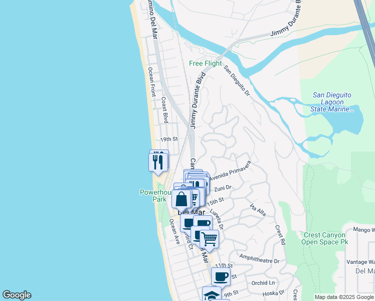 map of restaurants, bars, coffee shops, grocery stores, and more near 1844 Camino Del Mar in Del Mar