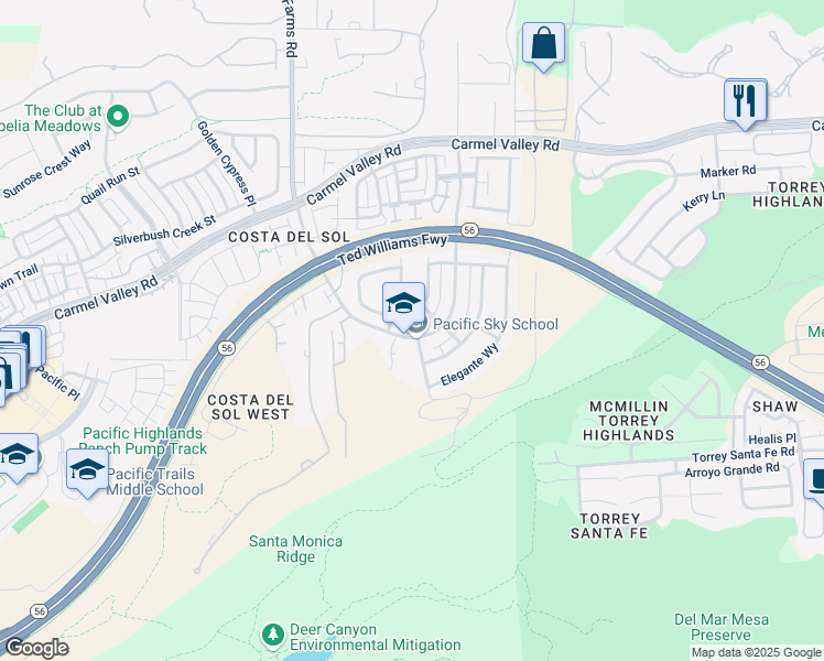 map of restaurants, bars, coffee shops, grocery stores, and more near 6620 Solterra Vista Parkway in San Diego