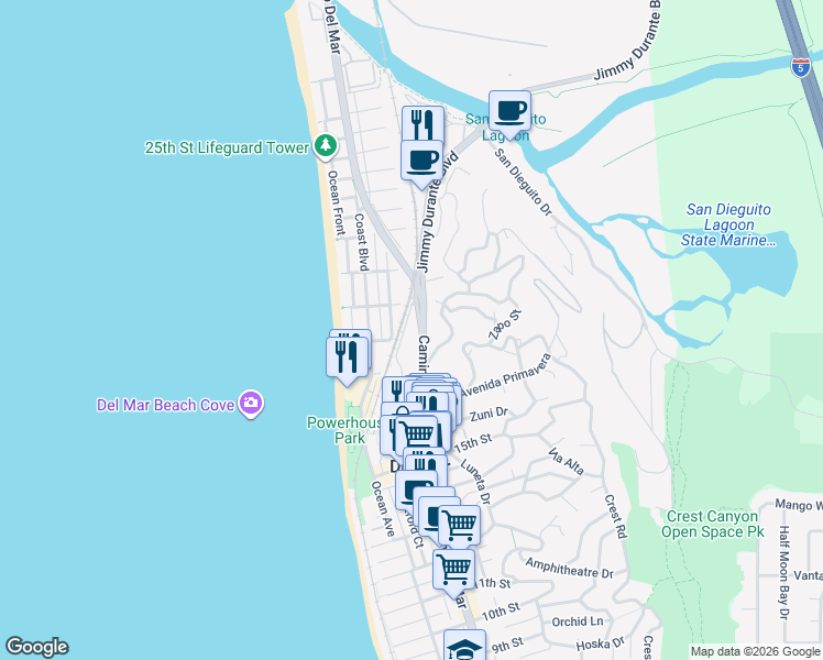 map of restaurants, bars, coffee shops, grocery stores, and more near 1844 Camino Del Mar in Del Mar