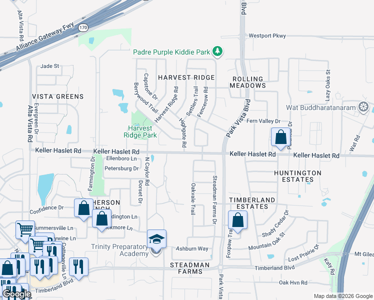 map of restaurants, bars, coffee shops, grocery stores, and more near 4341 Highgate Road in Fort Worth