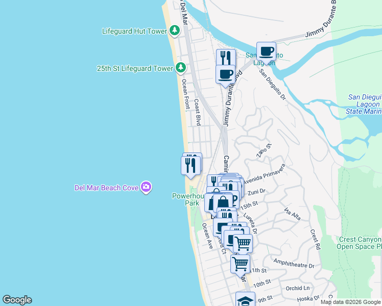 map of restaurants, bars, coffee shops, grocery stores, and more near 1812 Ocean Front in Del Mar