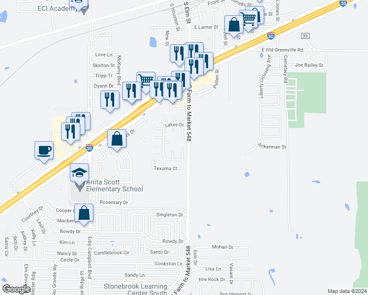 map of restaurants, bars, coffee shops, grocery stores, and more near 1204 Mexia Court in Royse City