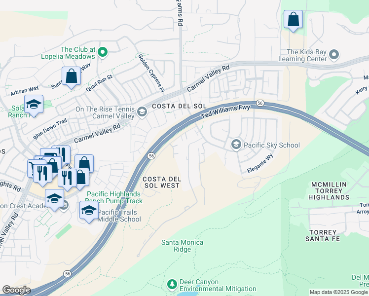 map of restaurants, bars, coffee shops, grocery stores, and more near 13518 Caminito Mendiola in San Diego