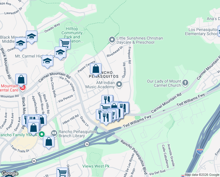 map of restaurants, bars, coffee shops, grocery stores, and more near 13691 Paseo Cardiel in San Diego