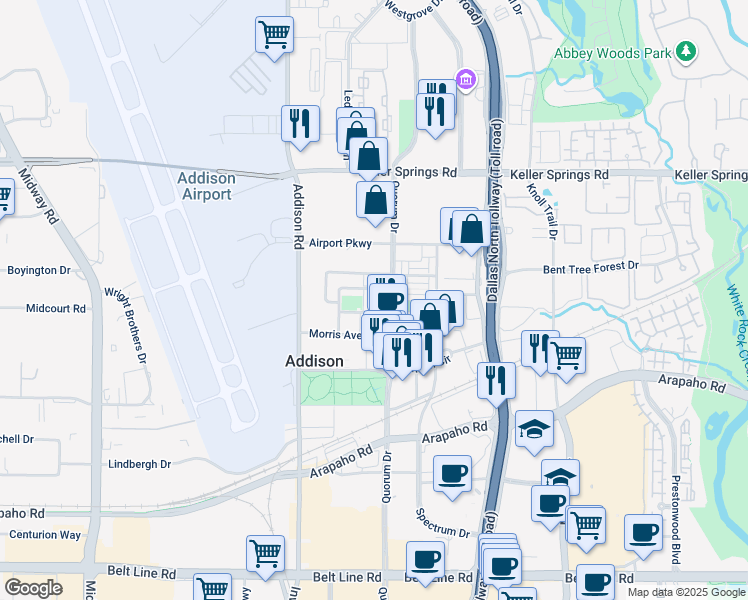 map of restaurants, bars, coffee shops, grocery stores, and more near 15777 Quorum Drive in Addison