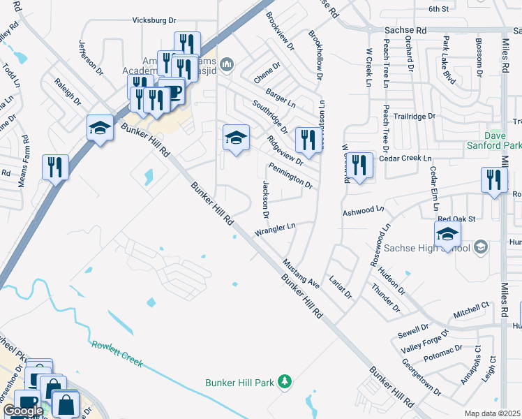 map of restaurants, bars, coffee shops, grocery stores, and more near 4335 Jackson Drive in Sachse