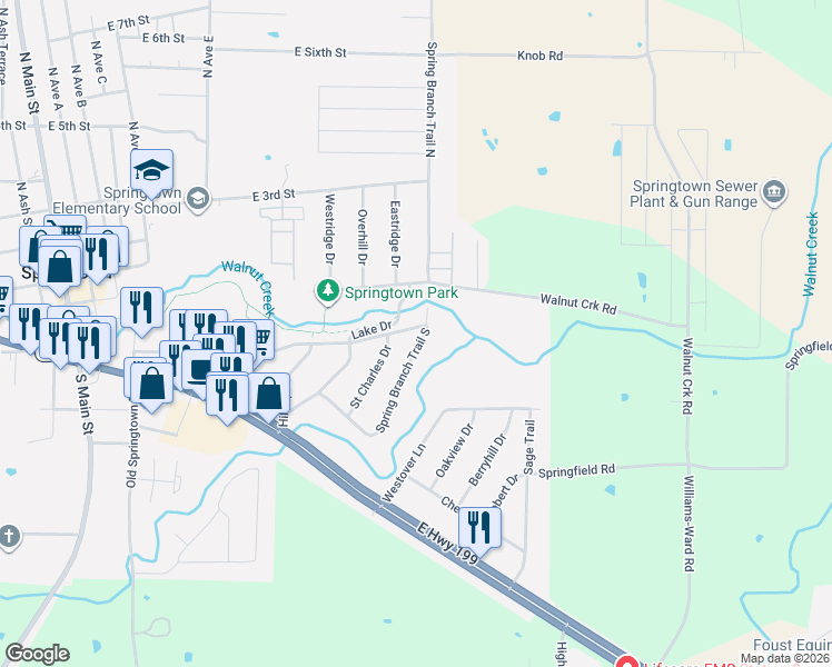 map of restaurants, bars, coffee shops, grocery stores, and more near 213 Spring Branch Trail South in Springtown