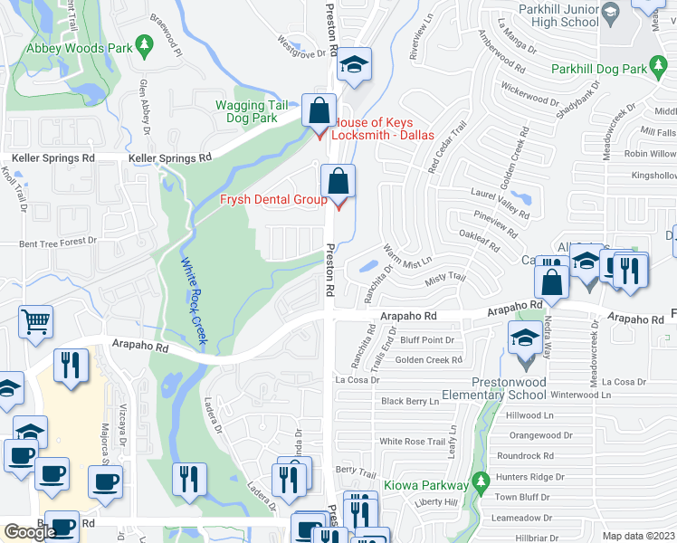 map of restaurants, bars, coffee shops, grocery stores, and more near 6007 Calm Meadow Road in Dallas