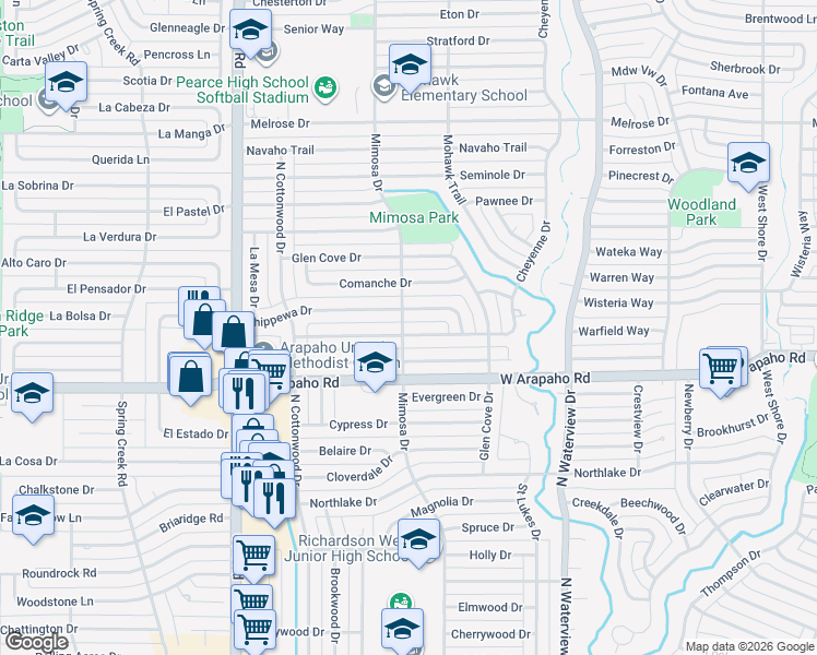 map of restaurants, bars, coffee shops, grocery stores, and more near 1234 Cheyenne Drive in Richardson
