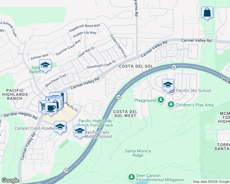 map of restaurants, bars, coffee shops, grocery stores, and more near 13345 Camelia Way in San Diego